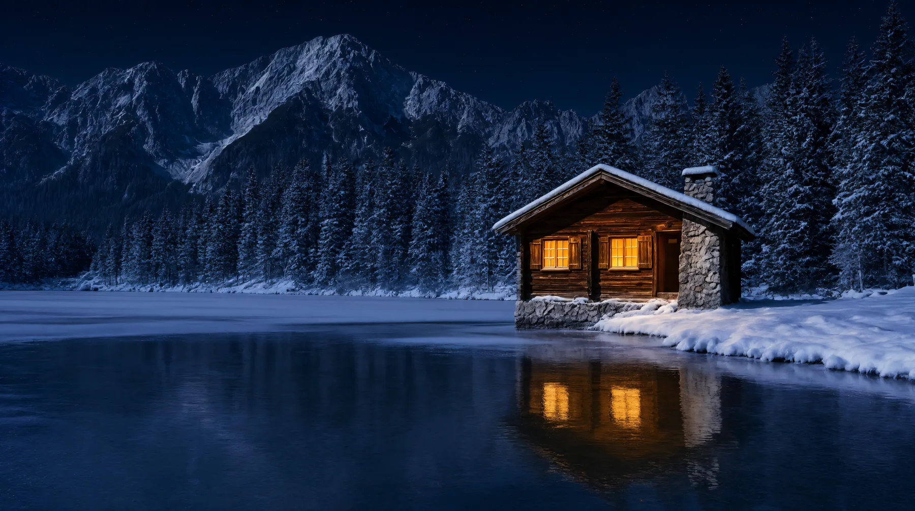 The same cabin on a snowy winter night
