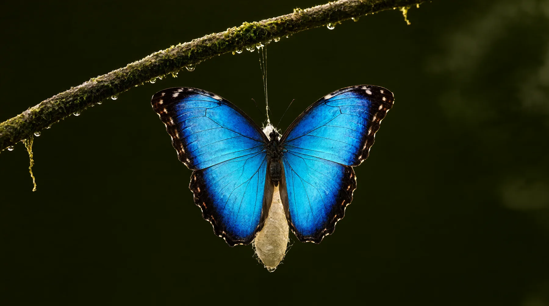A blue morpho butterfly on a silk cocoon, made by Kokon