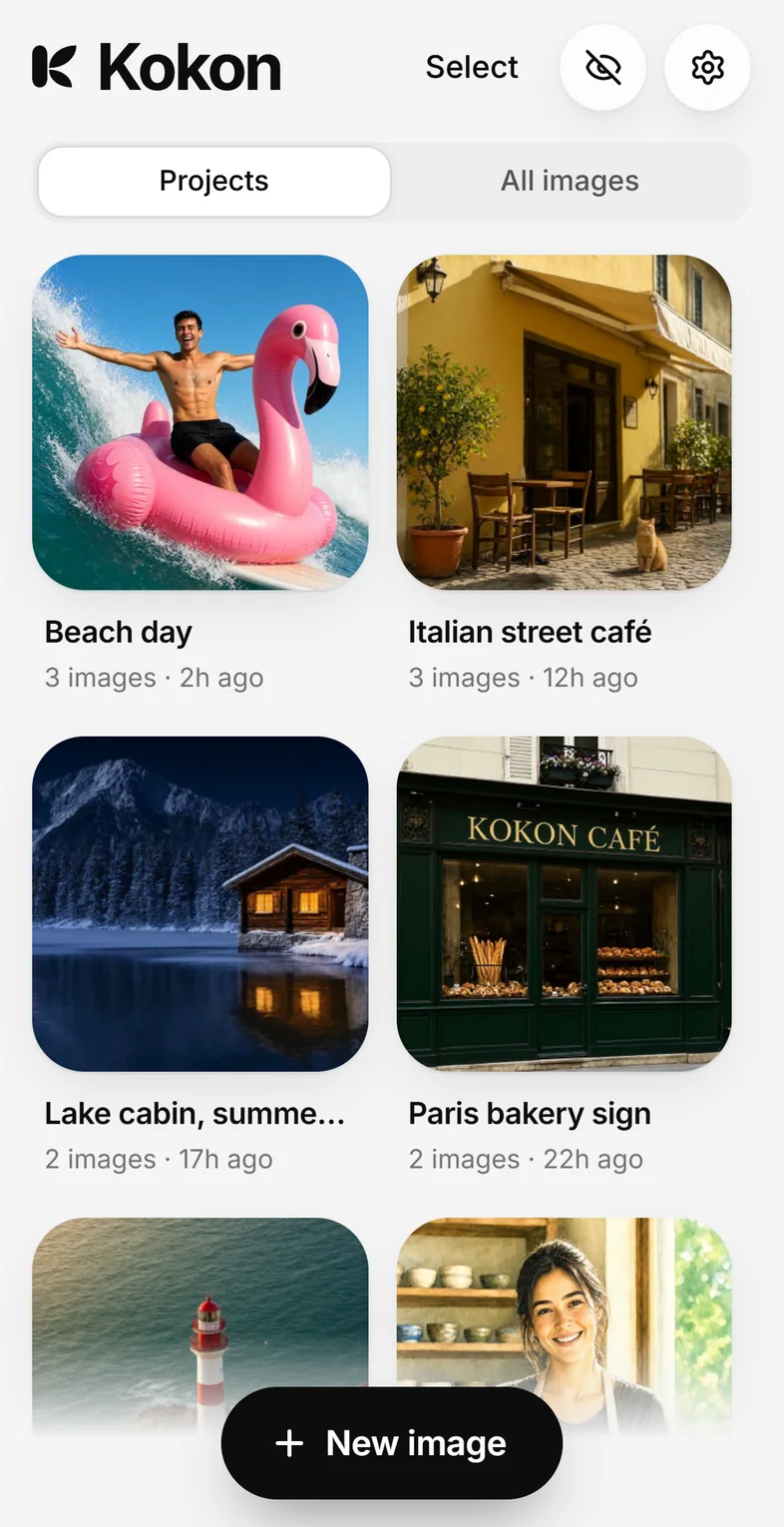 Kokon on an iPhone: the projects made on the home computer, as large cards with their pictures