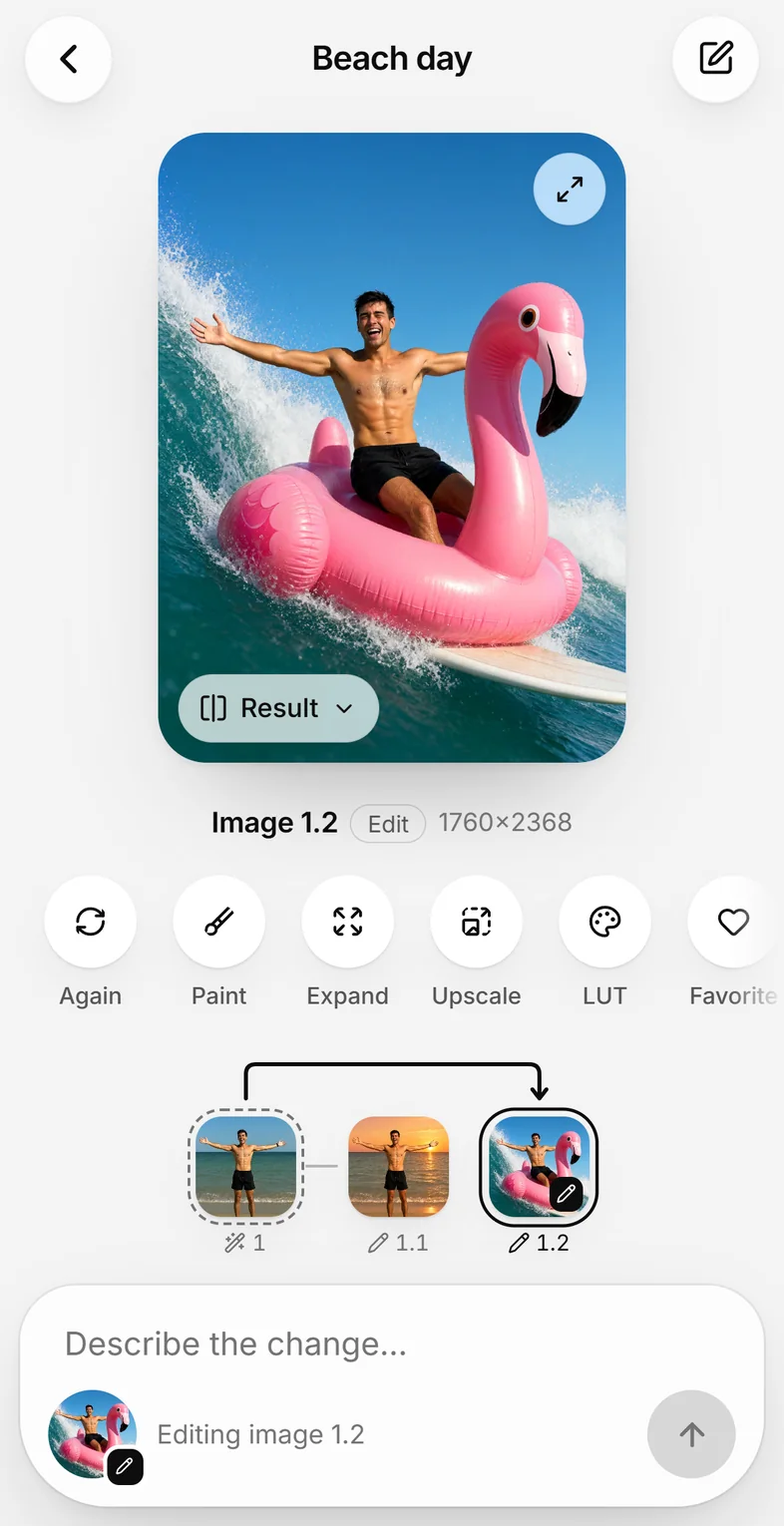A Kokon project on an iPhone: a photo edited into a man surfing on a pink flamingo float, its versions and the prompt box