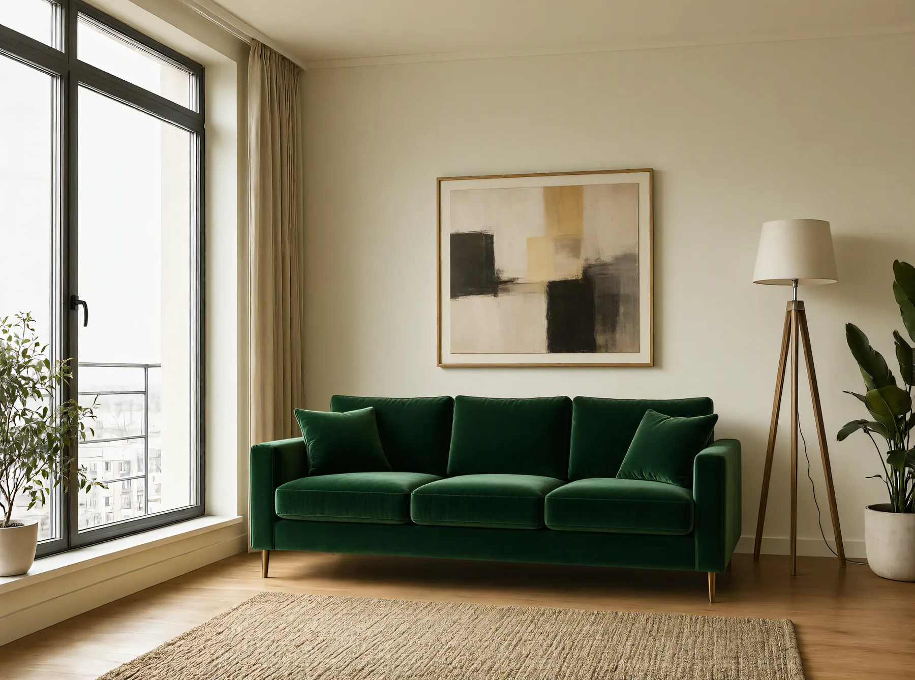 The same room with a green velvet sofa and a painting