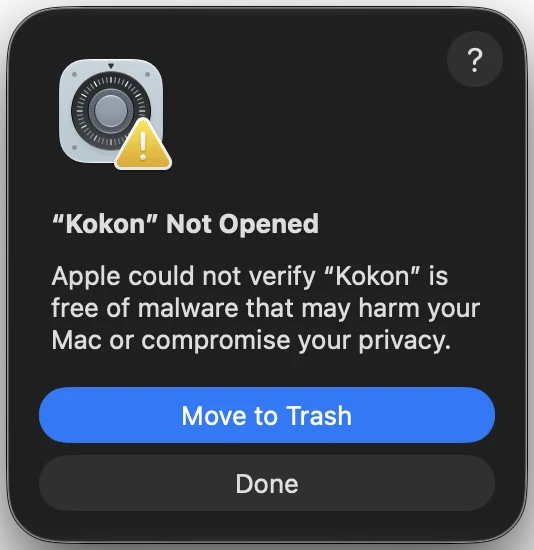 The macOS dialog &ldquo;Kokon&rdquo; Not Opened, with the buttons Move to Trash and Done