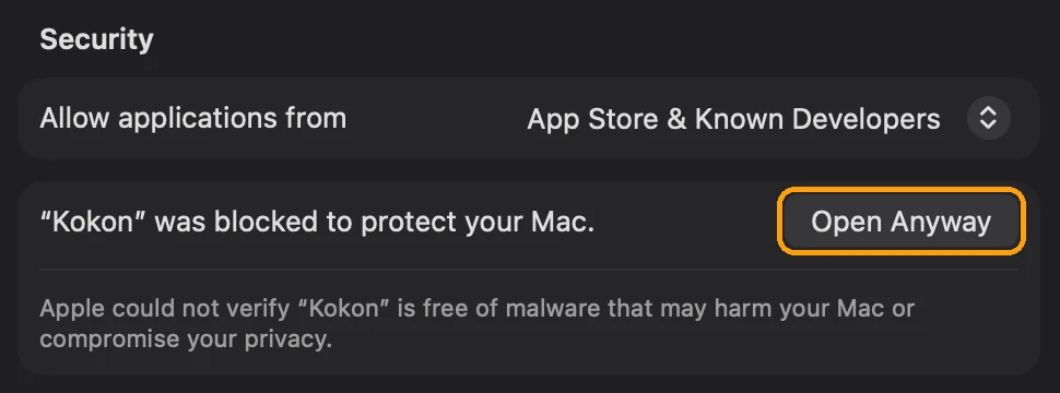 System Settings, Privacy and Security: &ldquo;Kokon&rdquo; was blocked to protect your Mac, with the Open Anyway button highlighted