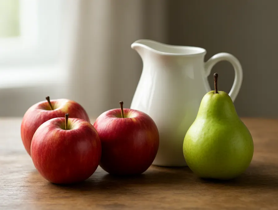 Three red apples on the left, a green pear on the right, a white jug in the middle
