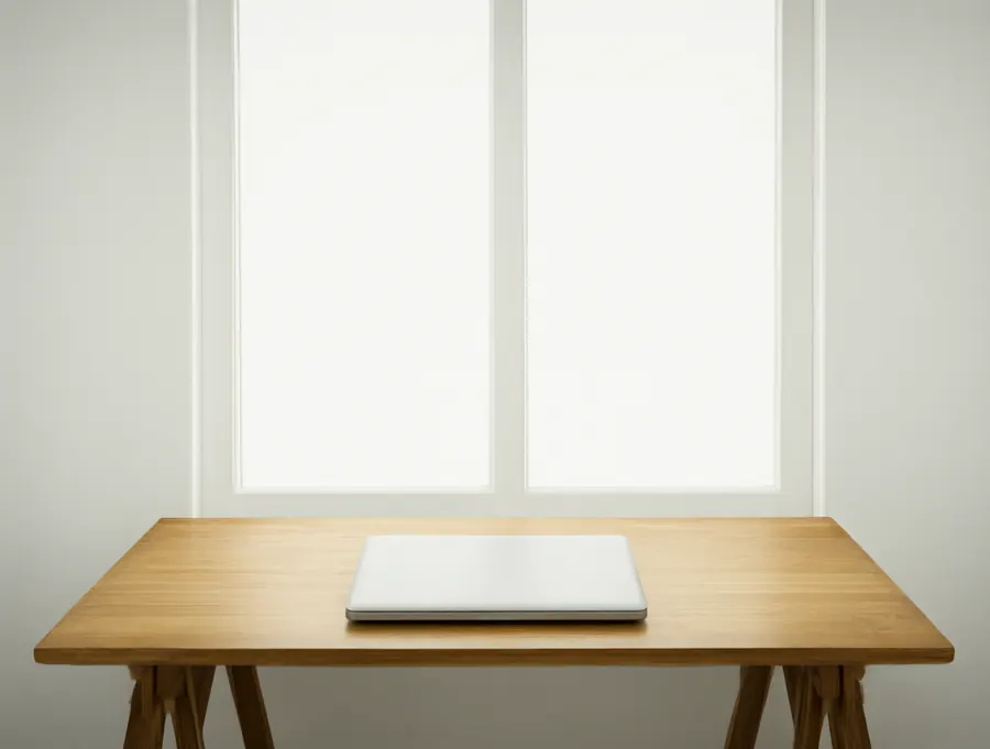 A wooden desk with a closed laptop on it