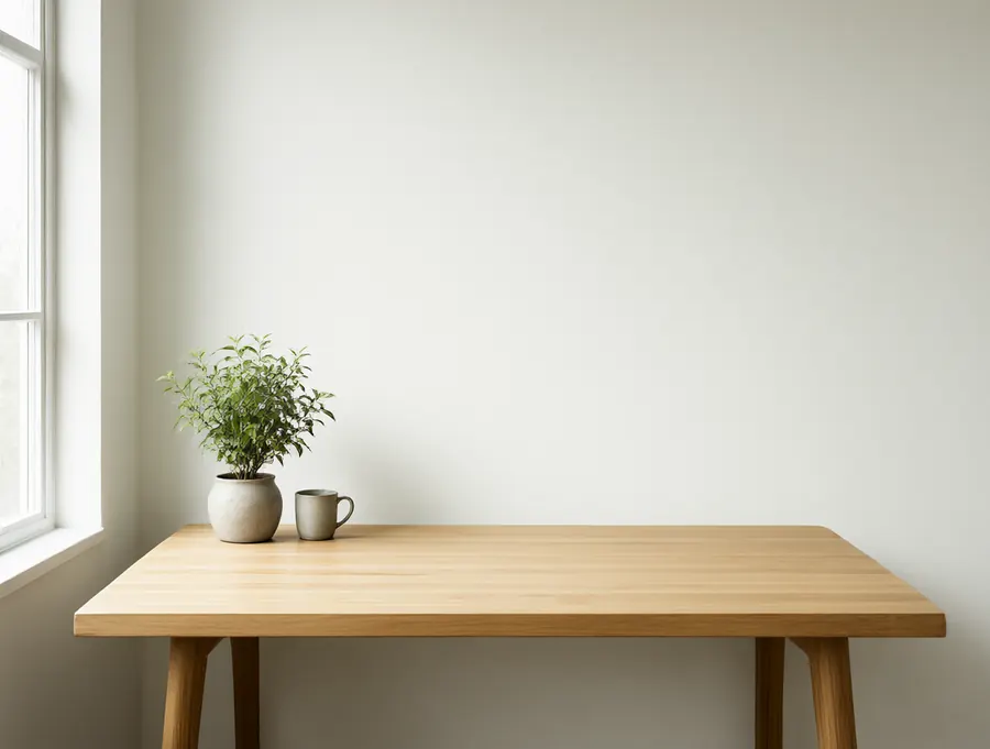 An empty wooden desk with only a small plant and a cup