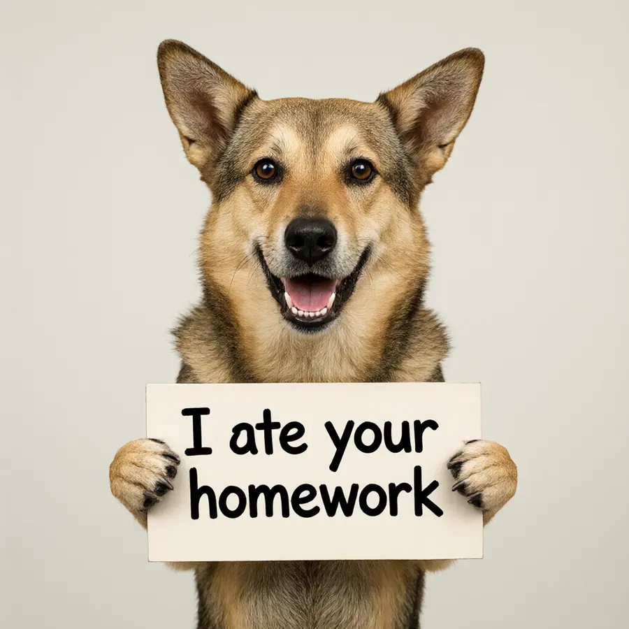 A smiling dog holding a sign that reads I ate your homework