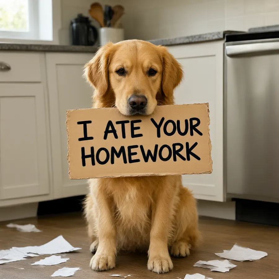 A guilty golden retriever with a cardboard sign and torn paper on the kitchen floor