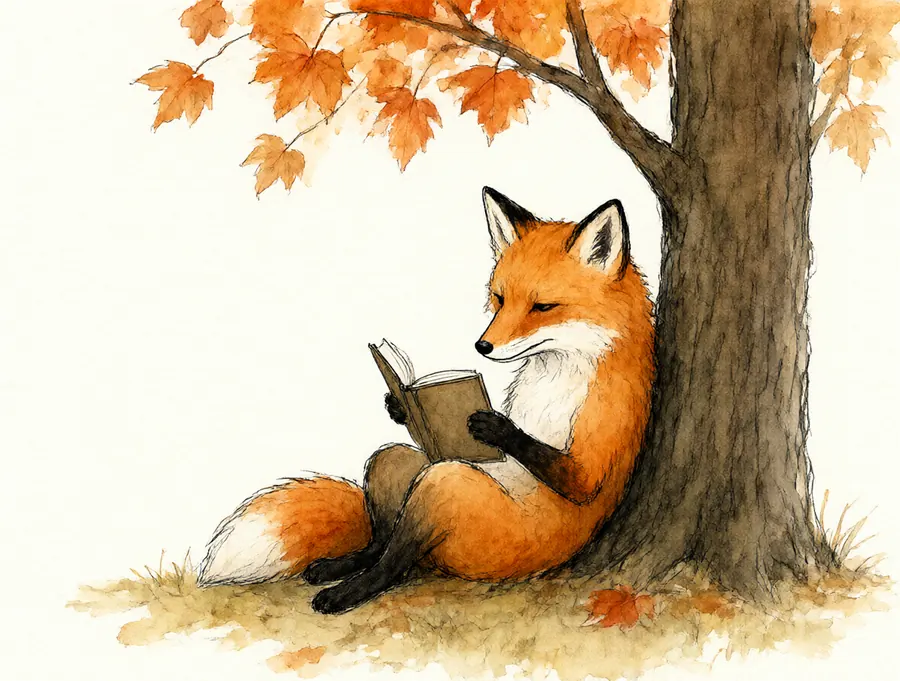 A watercolor fox reading a book under an autumn tree