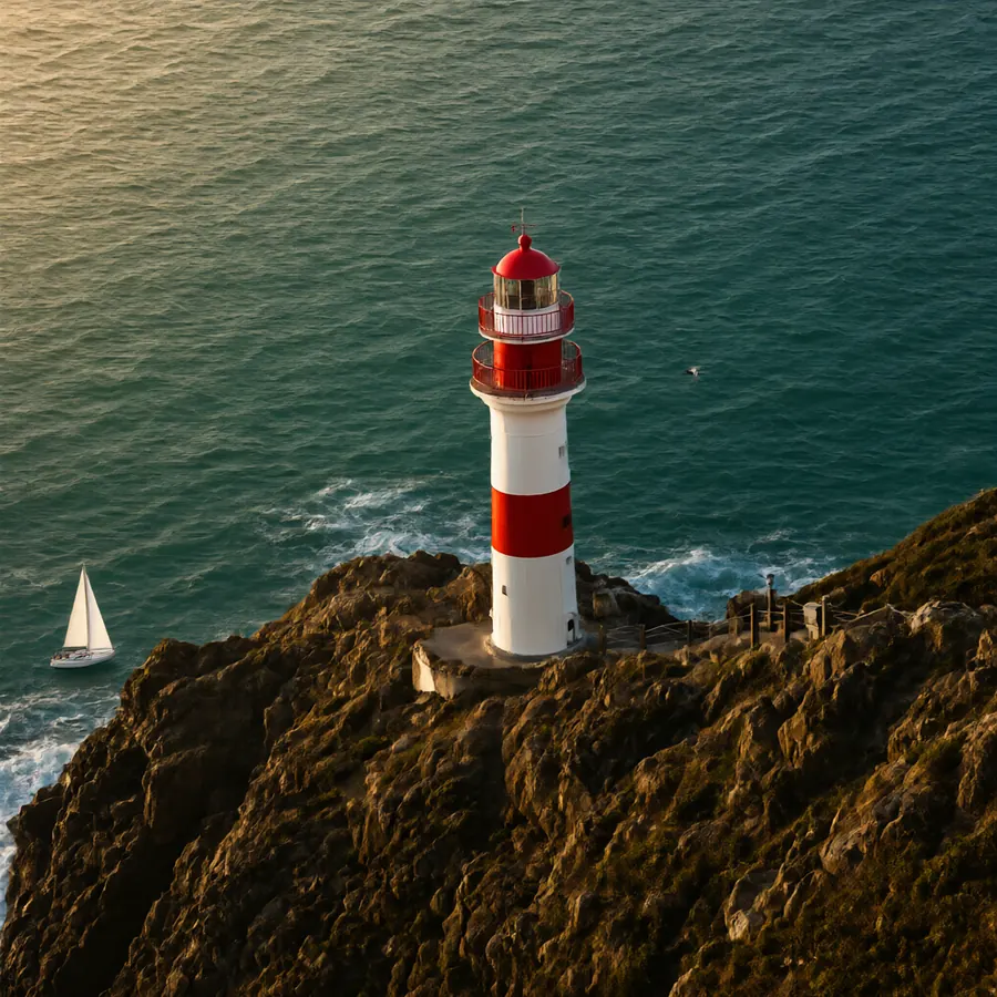 The same lighthouse with a small sailboat in the bottom left
