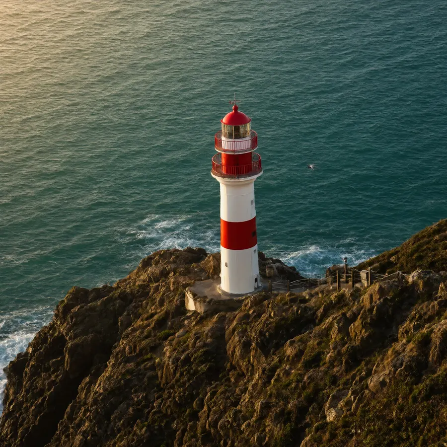 A lighthouse on a cliff above the sea