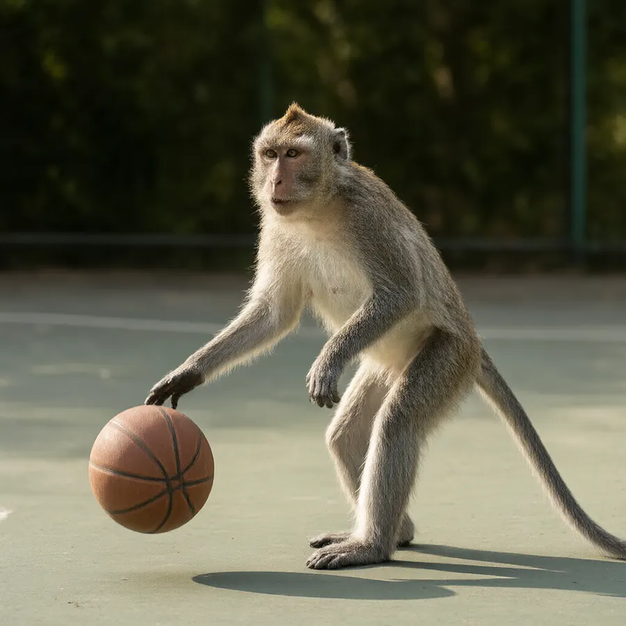 A monkey dribbling a basketball on an outdoor court