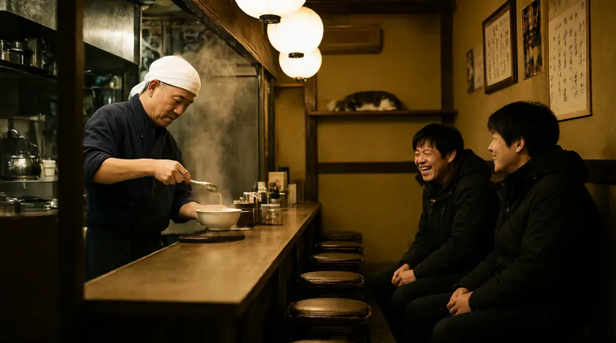 A ramen shop at night with a chef, two customers, lanterns and a cat on a shelf