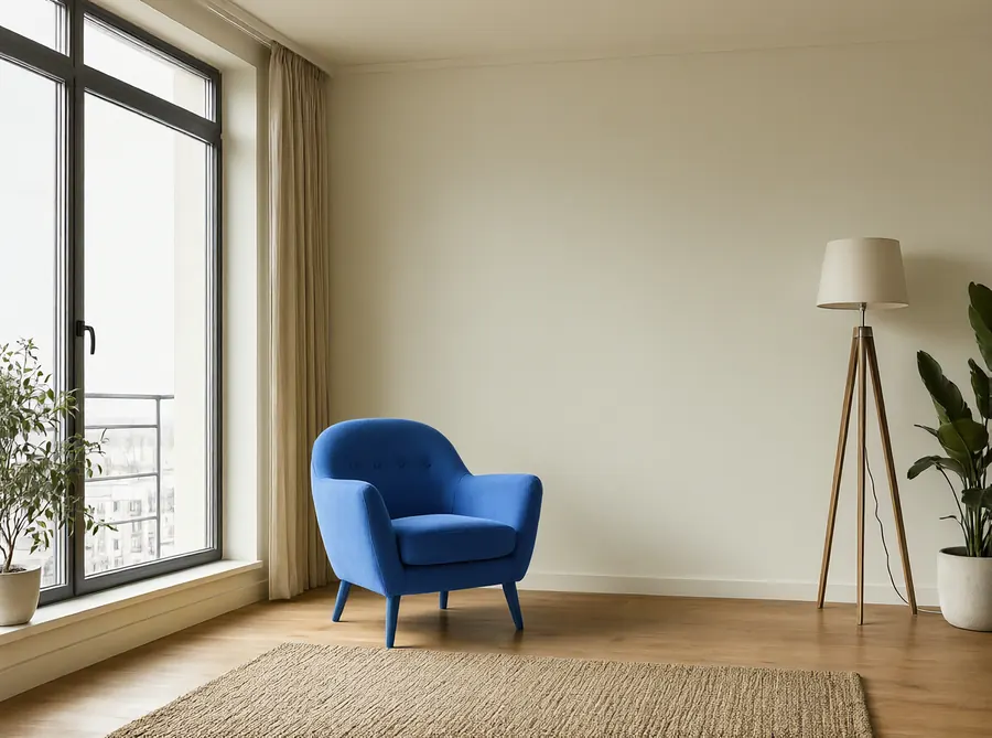 The living room with the armchair turned blue