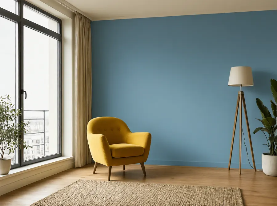 The living room with a dusty blue wall and the yellow armchair unchanged
