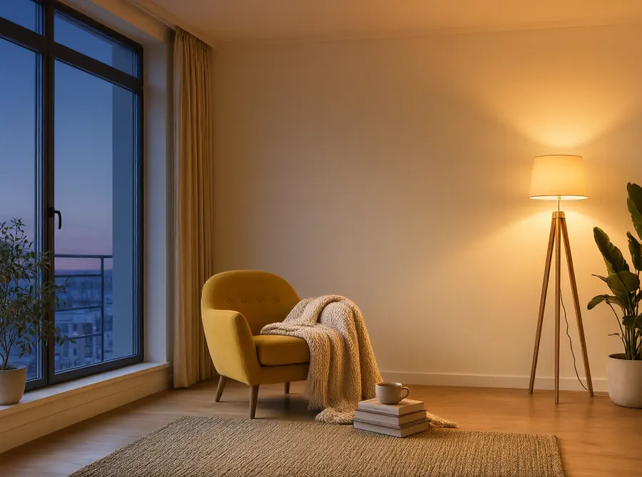 The living room at dusk with the lamp on, a blanket on the armchair and books with a mug on the rug