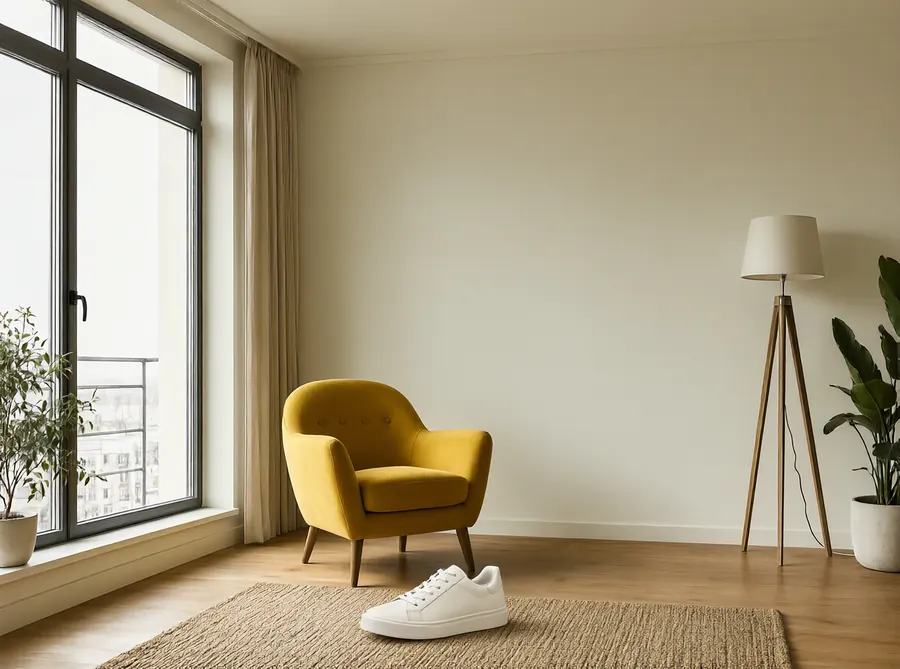 The sneaker placed on the rug of the living room