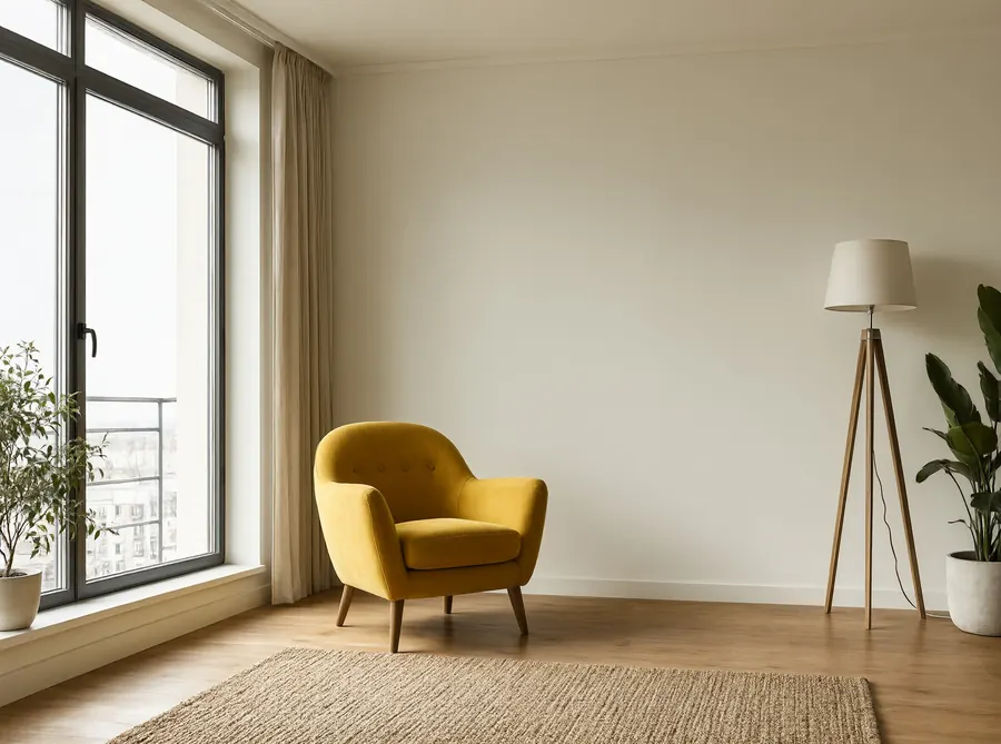A bright living room with a yellow armchair, a floor lamp and plants