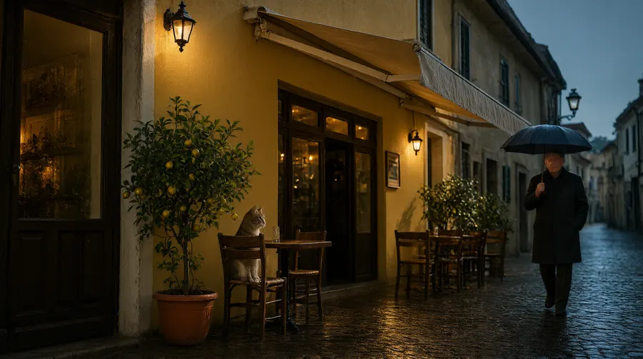 The same street on a rainy evening, scooter gone, a cat on a chair and a man with an umbrella